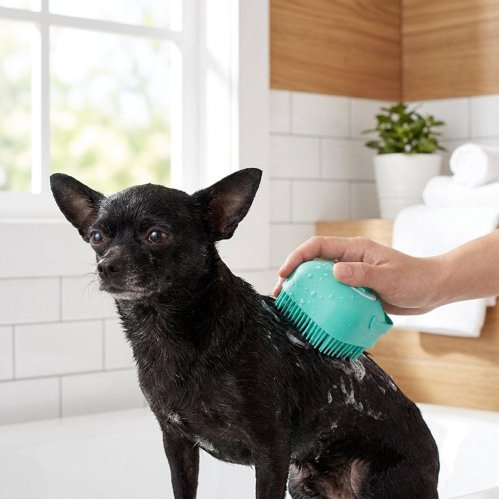RumboDog en el baño con el guante RumboGroom