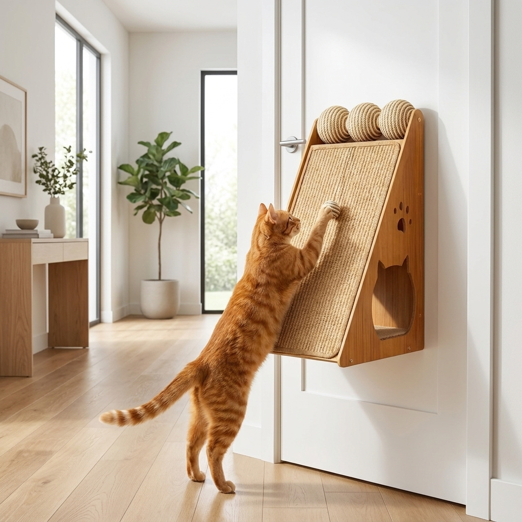 Gato jugando con el rascador de puerta RumboScratch