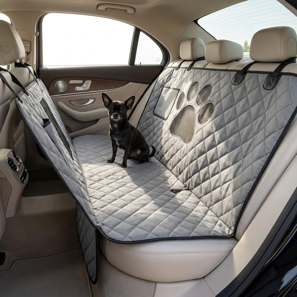 Funda hamaca RumboCover instalada en el auto con un perro